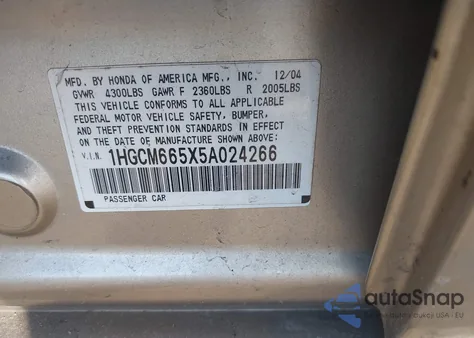 2005 Honda Accord 3.0 Ex from USA, damaged, VIN 1HGCM665X5A024266